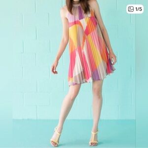 Colorblock Pleated Halter Dress - Multicolor